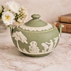 Wedgwood Sage Green Jasperware Covered Sugar Bowl w/ Lid Classical Relief